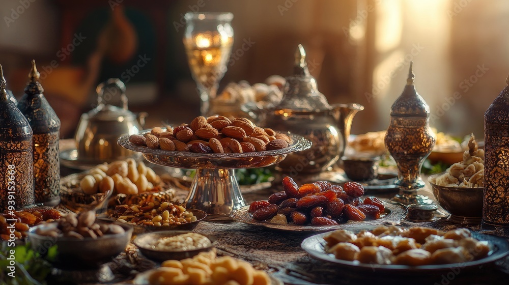 Elegant Ramadan table setting with a rich variety of Arabic cuisine, showcasing dates, almonds, and other traditional delicacies Elegant Ramadan table setting with a rich variety of Arabic cuisine, showcasing dates, almonds, and other traditional delicacies