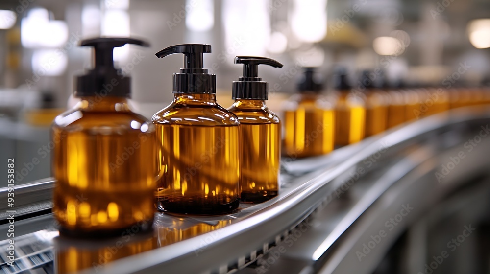 Production line of beauty and healthcare products at plant or factory Process of manufacturing and packaging cosmetics goods Glass or plastic bottles with screw caps standing on convey : Generative AI Production line of beauty and healthcare products at plant or factory Process of manufacturing and packaging cosmetics goods Glass or plastic bottles with screw caps standing on convey : Generative AI