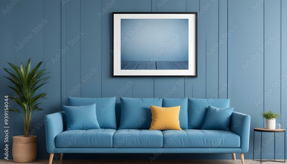 Interior mockup In a white room a blue sofa is placed next to a photo frame on the wall Interior mockup In a white room a blue sofa is placed next to a photo frame on the wall