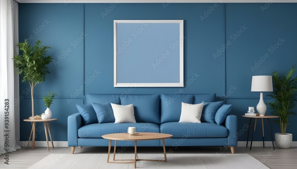 Interior mockup In a white room a blue sofa is placed next to a photo frame on the wall Interior mockup In a white room a blue sofa is placed next to a photo frame on the wall