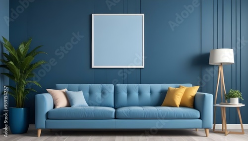 Interior mockup In a white room a blue sofa is placed next to a photo frame on the wall