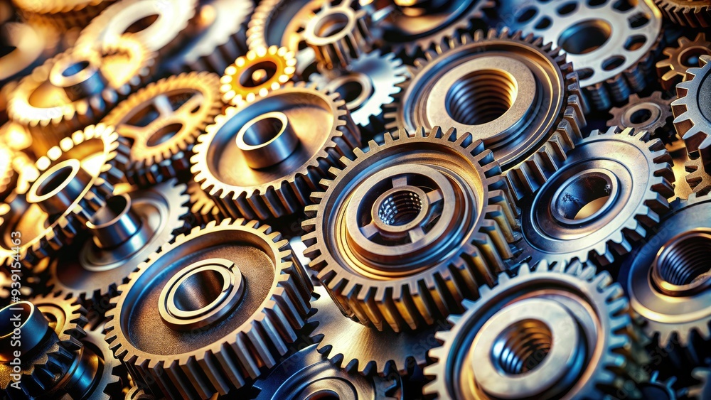 Macro shot of interlocking mechanical gears in various shapes and sizes ...