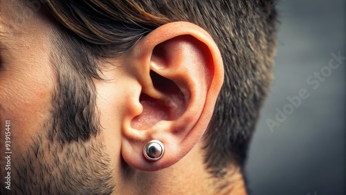 Macro shot of a man's ear, showcasing intricate details of the outer ear, ear canal, and earring, with soft focus on surrounding skin. photo