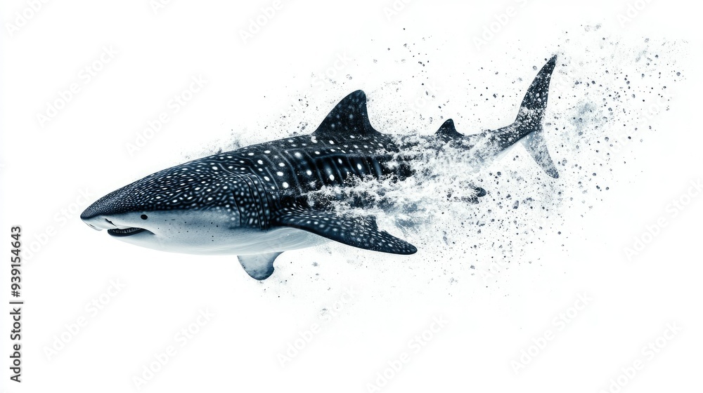 Dynamic close-up of a whale shark jumping out of the water, isolated on a minimalist white background Dynamic close-up of a whale shark jumping out of the water, isolated on a minimalist white background