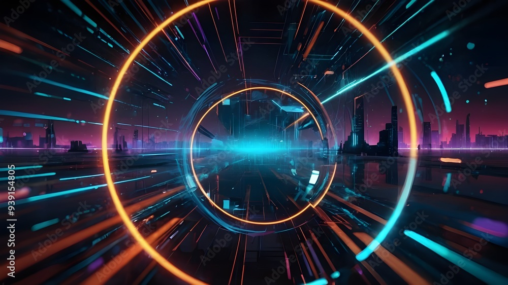 Fototapeta premium Innovation in Global Technology, Surreal Metaverse and Virtual Reality, 3D Neon Circle Concept