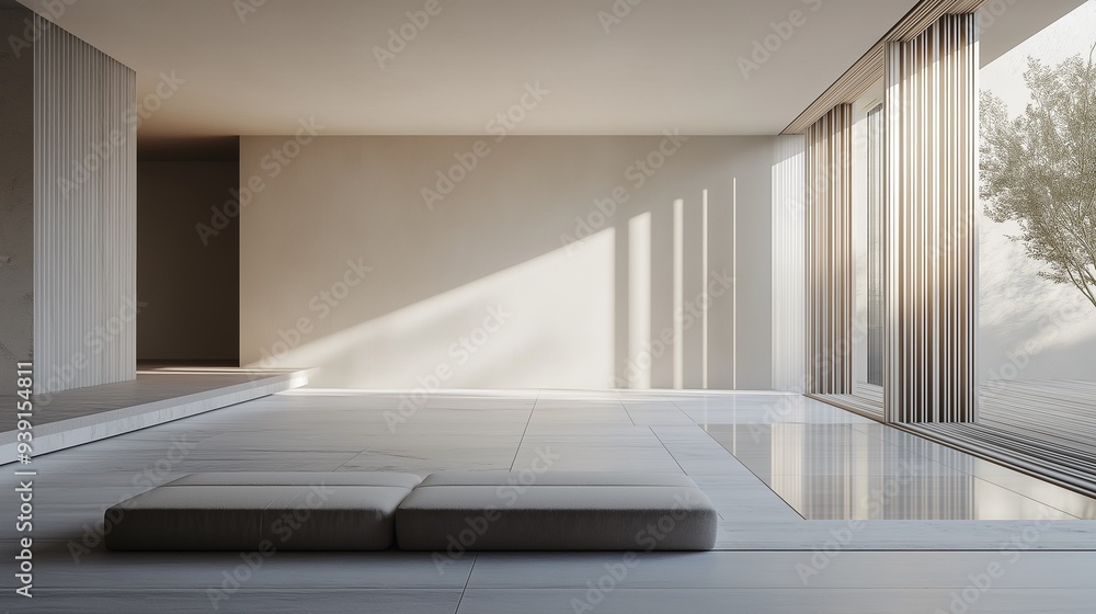 Fototapeta premium A modern spacious living room with a minimalist aesthetic. 
