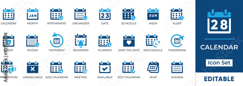 Calendar Icon Set. Features editable time management symbols. Includes icons for months, days, weeks, reminders, and more. Perfect for websites, and apps related to scheduling, planning, and events.