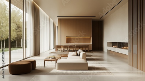 A modern spacious living room with a minimalist aesthetic. 