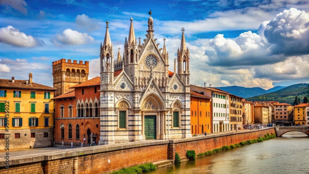 Magnificent Gothic-style church Santa Maria della Spina stands proudly on the banks of Arno River in Pisa, Italy, showcasing intricate stone carvings and serene ambiance. Magnificent Gothic-style church Santa Maria della Spina stands proudly on the banks of Arno River in Pisa, Italy, showcasing intricate stone carvings and serene ambiance.