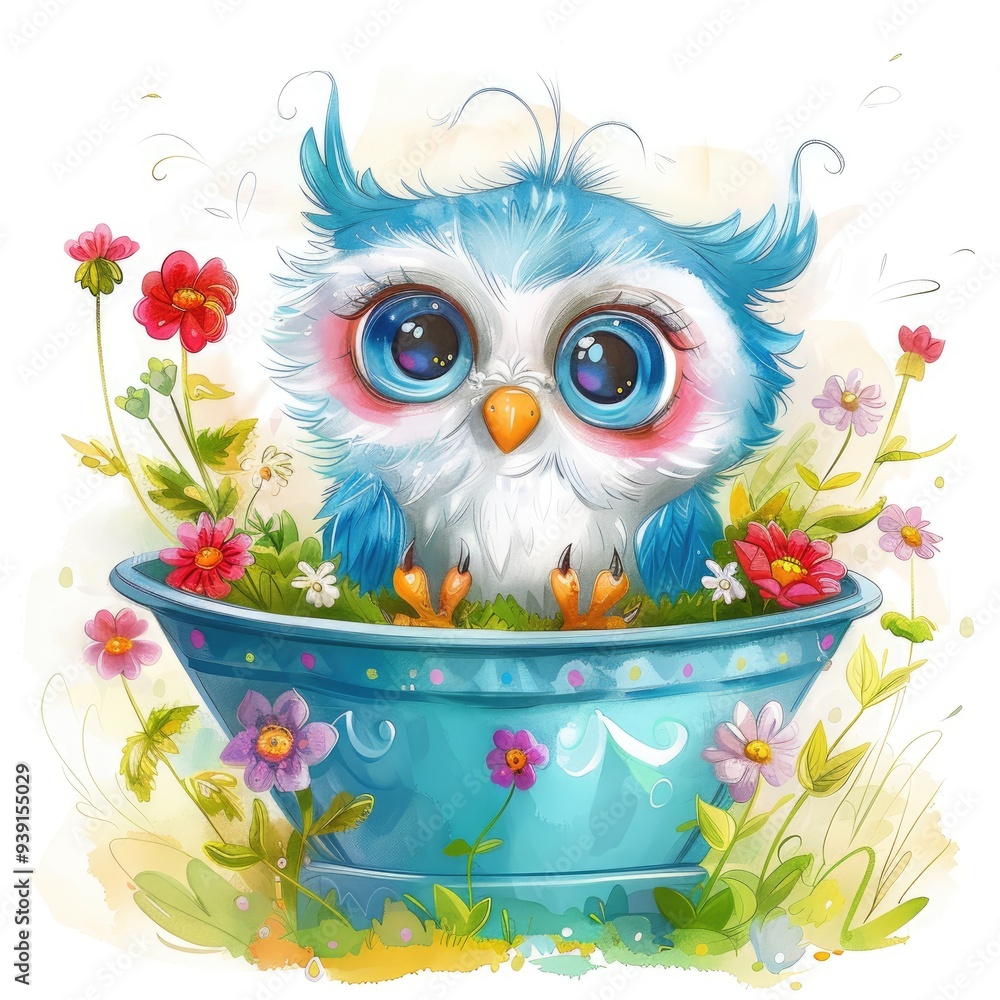 Cute cartoon owl sitting on a flower branch against a white background, with a watercolor style capturing its cheerful expression and colorful feathers, perfect for a greeting card. Cute cartoon owl sitting on a flower branch against a white background, with a watercolor style capturing its cheerful expression and colorful feathers, perfect for a greeting card.