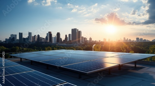 Solar panels on a rooftop with city skyline in the background