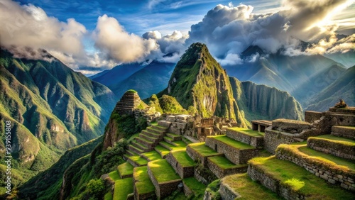 Majestic Andean cliffside in Peru, with lush greenery and ancient stone structures, overlooks a vast expanse of rugged, sun-drenched terrain and distant misty mountains.