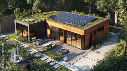 Modern Eco-Friendly House with Solar Panels and Green Roof