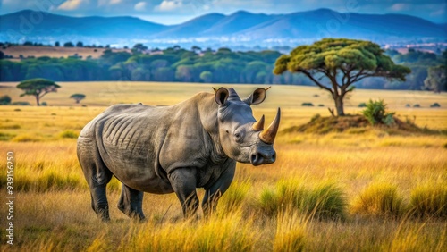 Majestic black and white rhino stands in a serene savannah landscape, its rugged skin and horns contrasting with the gentle grasses and trees.