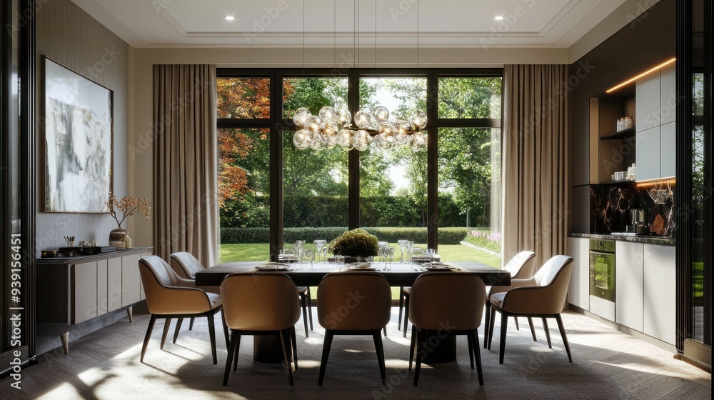 Modern Dining Room with Large Window and Garden View Modern Dining Room with Large Window and Garden View