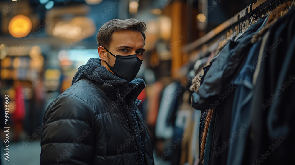 Man with Face Mask Selecting Clothes at Store Man with Face Mask Selecting Clothes at Store