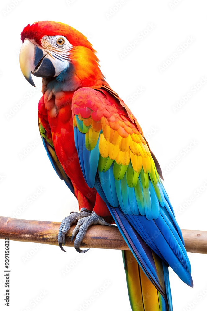 Colorful macaw perched, isolated on white background, Clipping path Colorful macaw perched, isolated on white background, Clipping path
