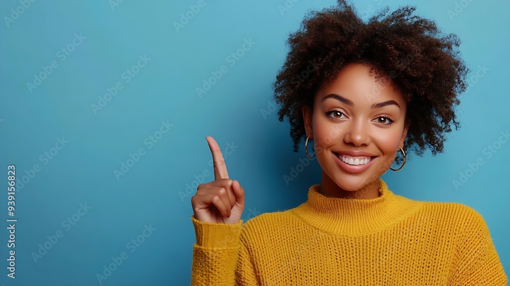 Cheerful Afro woman points away on copy space discusses amazing promo gives way or direction wears yellow warm sweater has pleasant smile feels optimistic isolated over blue background : Generative AI Cheerful Afro woman points away on copy space discusses amazing promo gives way or direction wears yellow warm sweater has pleasant smile feels optimistic isolated over blue background : Generative AI