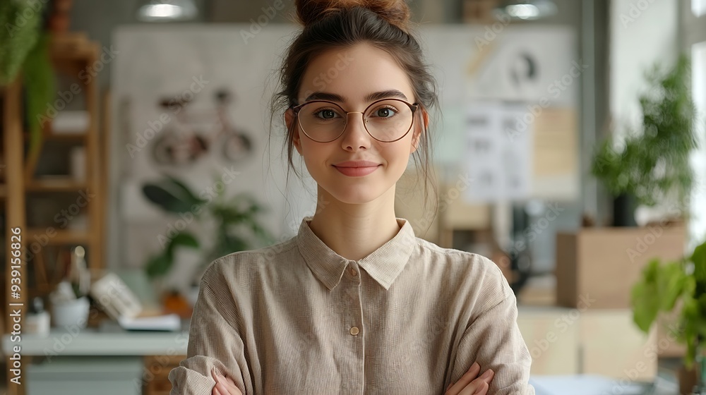 Cheerful female interior designer in glasses stands at her workplace places hands on desk after finished working on new project expressing pleasant emotions as achieves great results a : Generative AI Cheerful female interior designer in glasses stands at her workplace places hands on desk after finished working on new project expressing pleasant emotions as achieves great results a : Generative AI