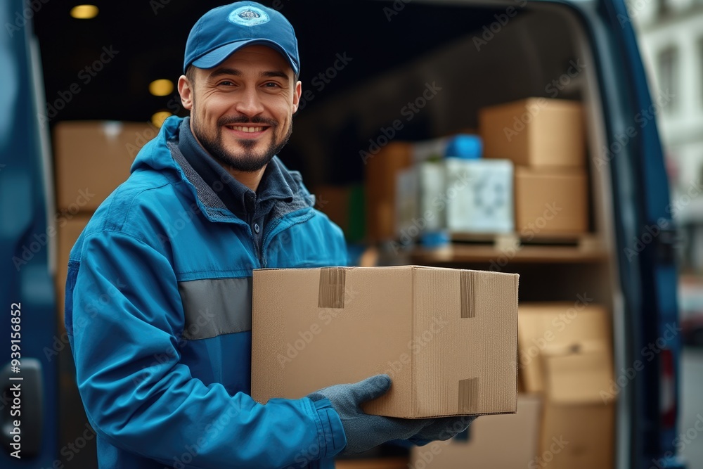 Friendly Delivery Man With Packed Van Ready for Service Friendly Delivery Man With Packed Van Ready for Service