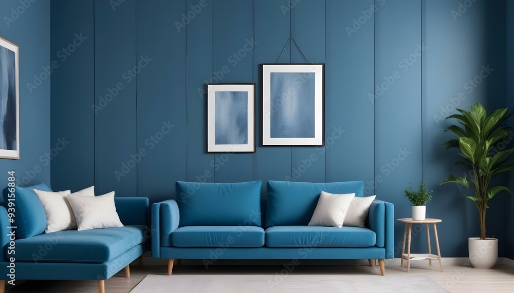 Interior mockup In a white room a blue sofa is placed next to a photo frame on the wall Interior mockup In a white room a blue sofa is placed next to a photo frame on the wall