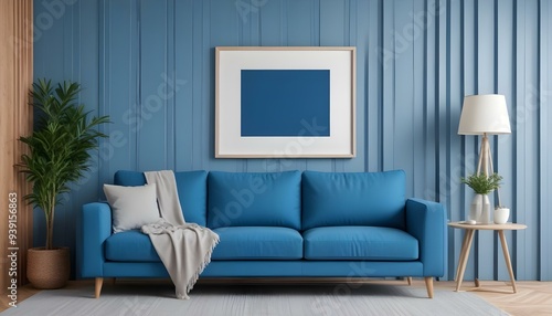 Interior mockup In a white room a blue sofa is placed next to a photo frame on the wall