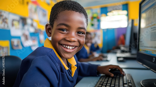 Smiling African child in school uniform working on a computer at his desk, surrounded by a vibrant blue and yellow setting, captured in natural light with clear, detailed resolution.
