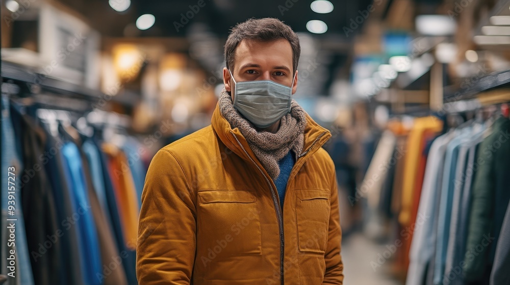Man in Mask Looking at Clothes in Retail Store Man in Mask Looking at Clothes in Retail Store