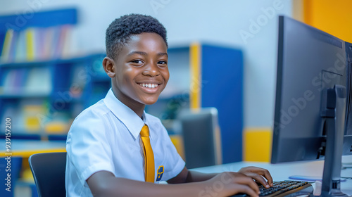 Happy African schoolboy in uniform engaged with a computer at his desk, with a vivid blue and yellow color scheme, shown in a high-resolution portrait with natural lighting.