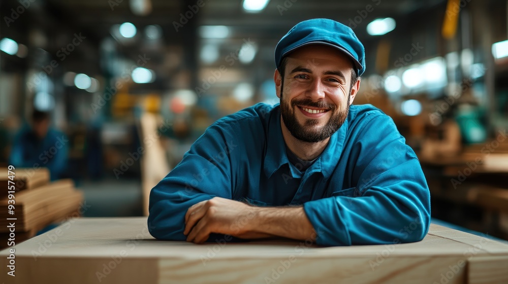 Cheerful Worker at Furniture Assembly Station in Factory Cheerful Worker at Furniture Assembly Station in Factory