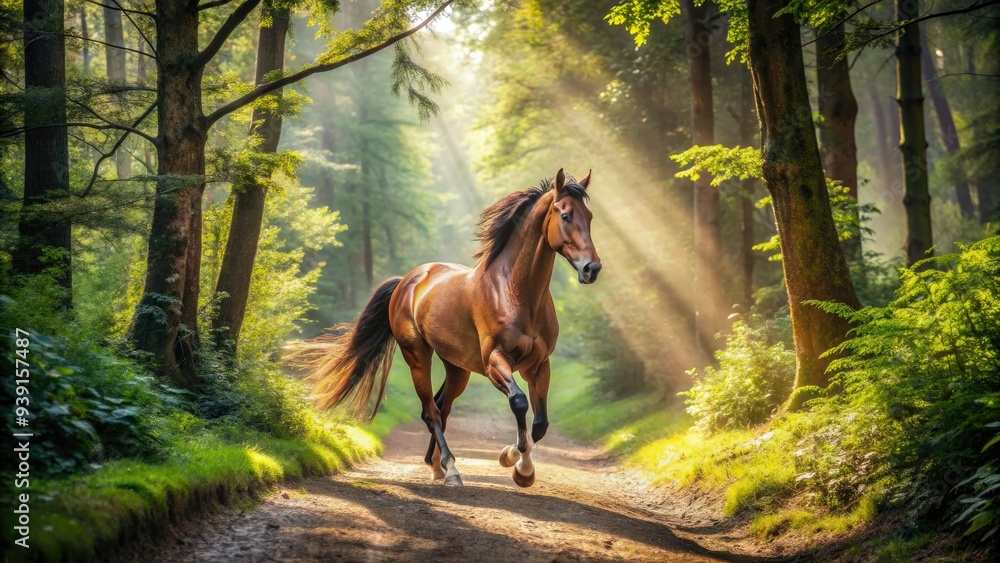 Majestic horse trotting along a winding forest trail surrounded by lush green foliage and towering trees, casting dappled shadows on the rustic earthy path. Majestic horse trotting along a winding forest trail surrounded by lush green foliage and towering trees, casting dappled shadows on the rustic earthy path.