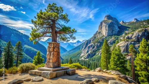 Majestic granite tree-carved monument stands tall in Kings Canyon National Park, surrounded by lush greenery and scenic mountain vistas under a bright blue sky. photo