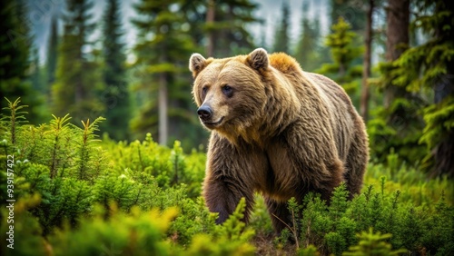 Majestic grizzly bear ambles through a serene forest, its shaggy fur and powerful gait a testament to its wild, untamed nature amidst lush green underbrush.