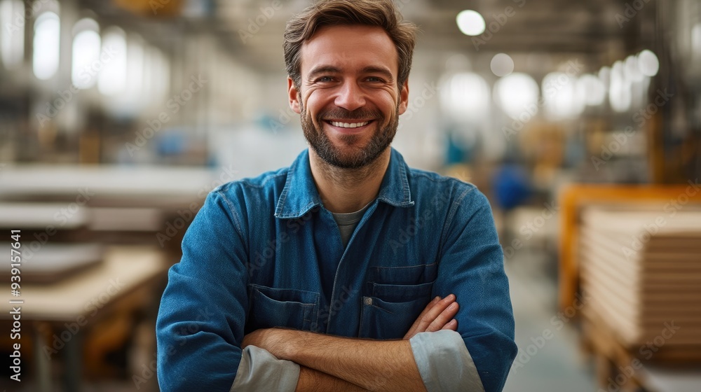 Factory Setting: Smiling Worker Assembling Furniture Factory Setting: Smiling Worker Assembling Furniture