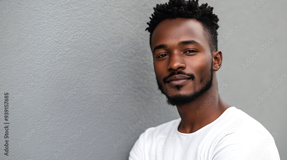 Headshot of attractive serious African student with small beard and moustache dressed in casual tshirt looking at camera with confident and thougthful expression on his face standing a : Generative AI Headshot of attractive serious African student with small beard and moustache dressed in casual tshirt looking at camera with confident and thougthful expression on his face standing a : Generative AI
