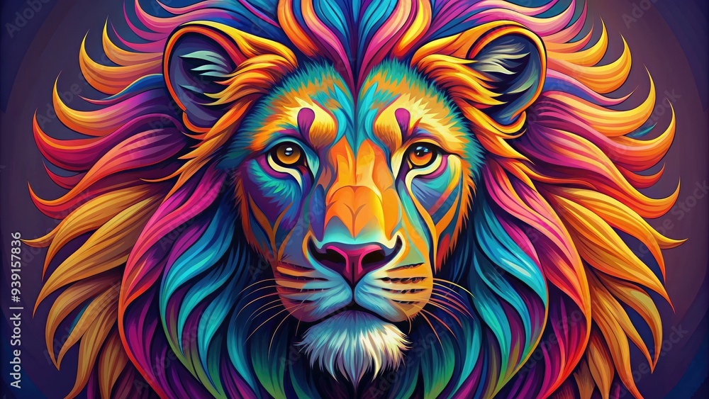 Majestic lion's head depicted in bold, vibrant graphic style, with stylized mane and piercing eyes, symbolizing courage and strength on a contrasting background. Majestic lion's head depicted in bold, vibrant graphic style, with stylized mane and piercing eyes, symbolizing courage and strength on a contrasting background.