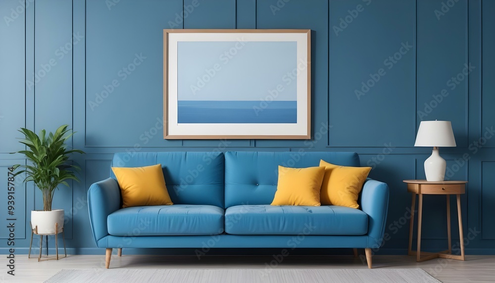 Interior mockup In a white room a blue sofa is placed next to a photo frame on the wall