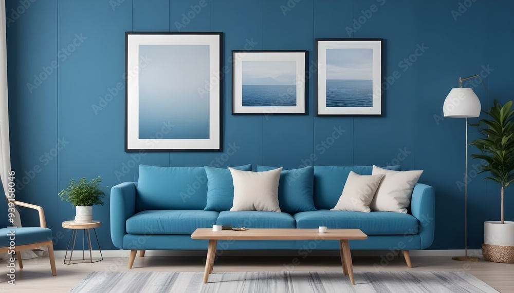 Interior mockup In a white room a blue sofa is placed next to a photo frame on the wall Interior mockup In a white room a blue sofa is placed next to a photo frame on the wall