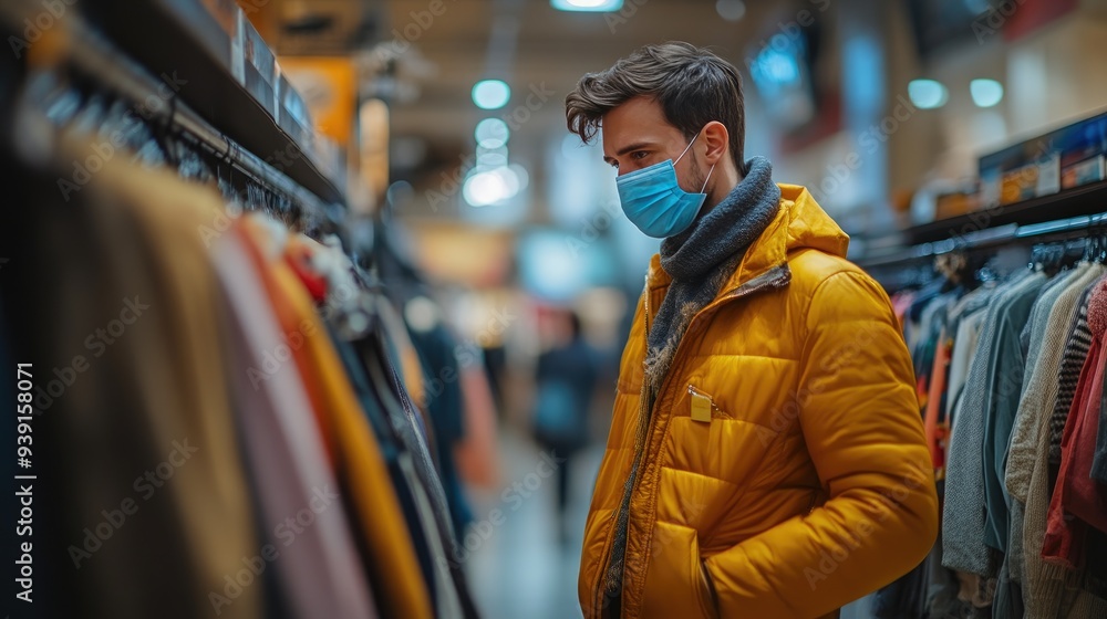 Trendy Man in Mask Exploring Clothing Store Trendy Man in Mask Exploring Clothing Store