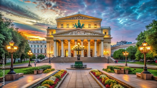 Majestic Moscow theater at dusk, ornate golden domes and grand staircases surrounded by lush greenery, evoking Russian cultural and artistic heritage.