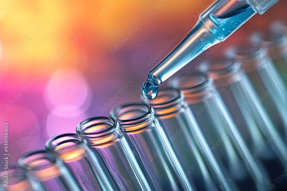 A dropper dispensing a blue liquid into a row of test tubes on a colorful background. A dropper dispensing a blue liquid into a row of test tubes on a colorful background.