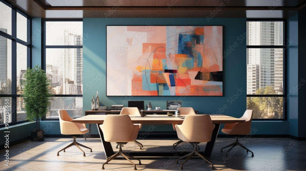 Stylish office boardroom with a wooden table and abstract artwork on the wall Stylish office boardroom with a wooden table and abstract artwork on the wall