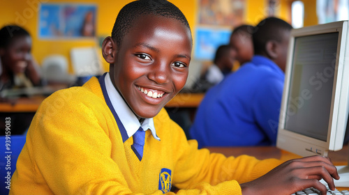 Smiling young African boy in school uniform using a computer at his desk with a blue and yellow color scheme. 
