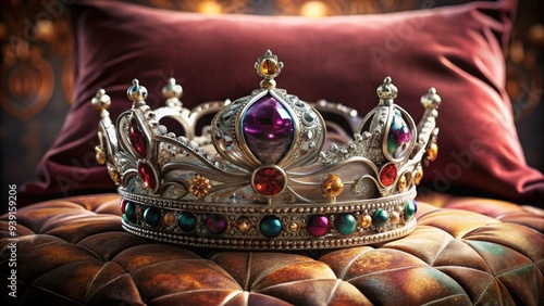 Wallpaper Mural Majestic silver crown adorned with intricate designs and precious gems rests regally atop a luxurious velvet pillow, exuding opulence and royal sophistication. Torontodigital.ca