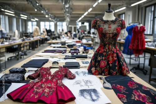 A design studio table covered with sketches, patterns, fabric swatches, and intricately designed couture dresses, showcasing the artistic process of fashion creation.