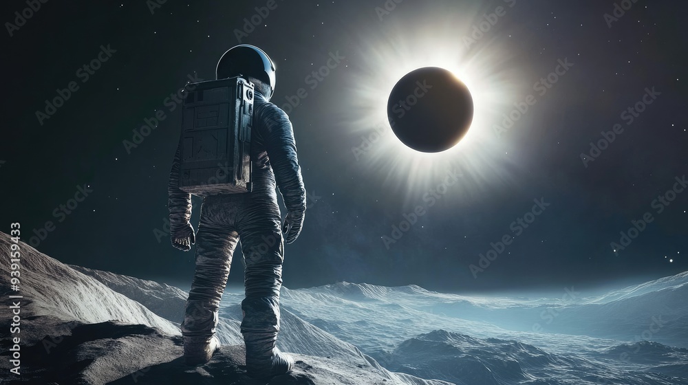 Lone astronaut witnessing a solar eclipse in space, with the darkness of the eclipse casting a shadow over the landscape. Lone astronaut witnessing a solar eclipse in space, with the darkness of the eclipse casting a shadow over the landscape.