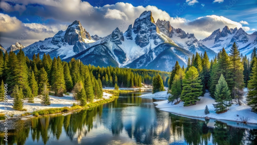 Majestic snow-capped peaks soar above a serene mountain valley at a premier Wyoming ski destination, surrounded by lush evergreen forests and frozen lakes. Majestic snow-capped peaks soar above a serene mountain valley at a premier Wyoming ski destination, surrounded by lush evergreen forests and frozen lakes.