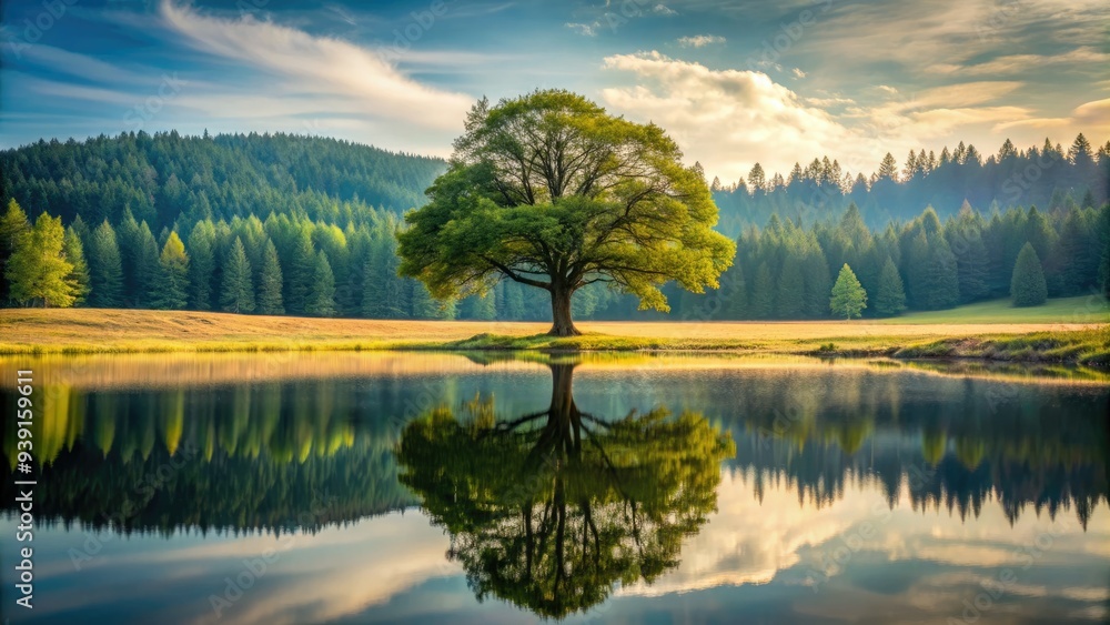 Obraz premium Majestic solitary tree stands tall at the edge of a serene forest, its subtle branch line mirrored by the gentle curve of the tree line in the background.