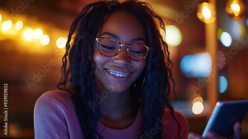 Indoor shot of darkskinned girl with cute smile and braces enjoying free wifi at coffee shop surfing internet on mobile phone messaging friends online inviting them to party at her pla : Generative AI