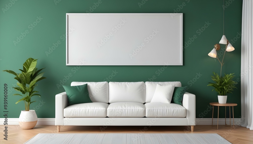 Interior mockup In a white room a blue sofa is placed next to a photo frame on the wall Interior mockup In a white room a blue sofa is placed next to a photo frame on the wall